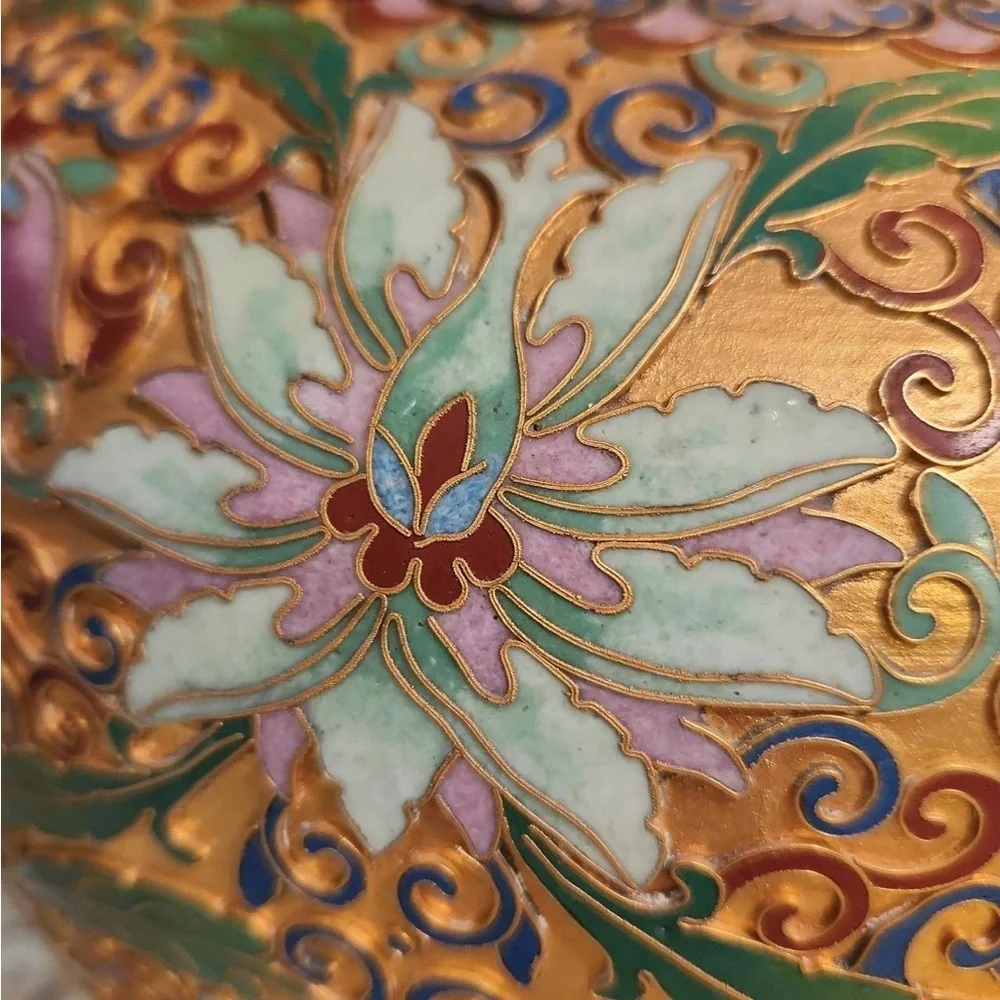 Hand-Painted Floral Cloisonné Ginger Jar - Gold and Green